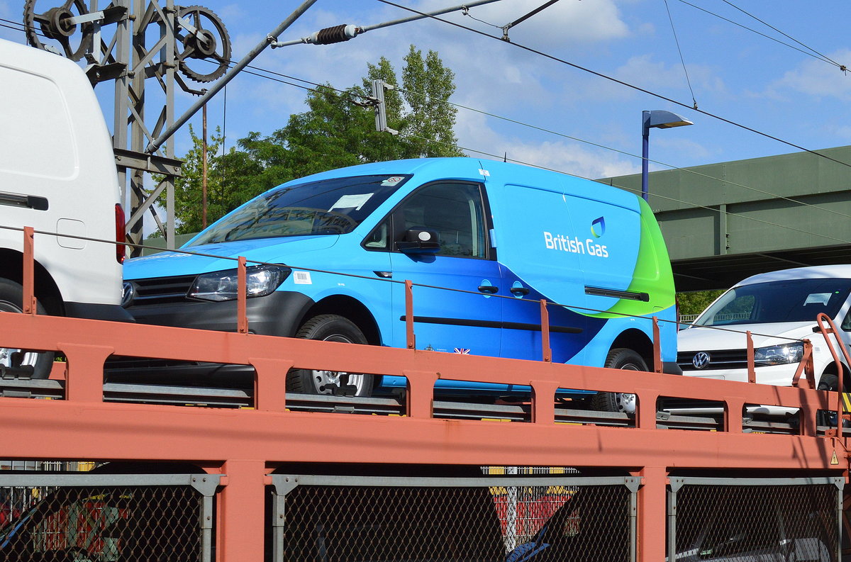 Der britische Energiekonzern British Gas muss mehere 100 VW-Transporter geordert haben für ganz Großbritannien ,da seit Wochen auf den PKW- Transportzügen aus den VW-Werken in Polen in Massen diese hellblauen VW-Transporter mit Firmenbezeichnung zu beobachten sind, 21.06.16 Berlin-Hohenschönhausen.