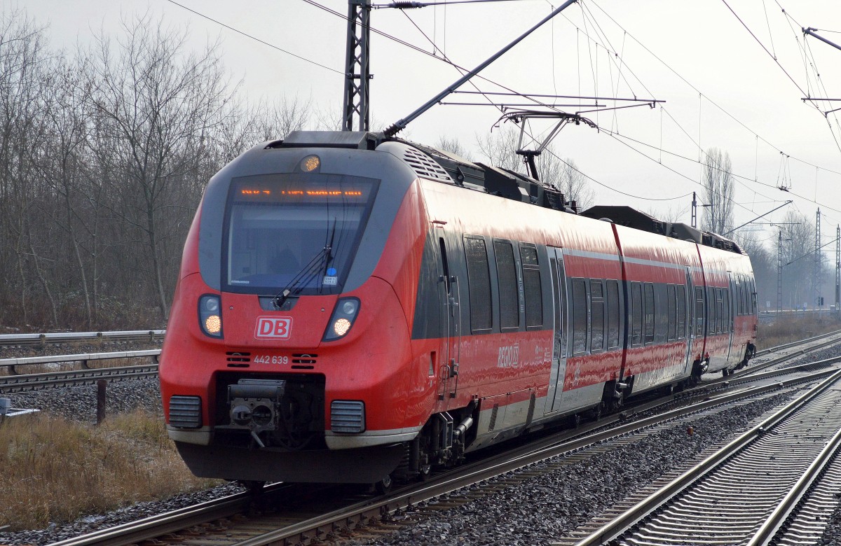 Derartige winterliche Lichtverhältnisse haben auch ihren Reiz, RB24 nach Eberswalde mit 442 639 kurz vor der Einfahrt Bhf. Berlin-Hohenschönhausen, 15.01.16