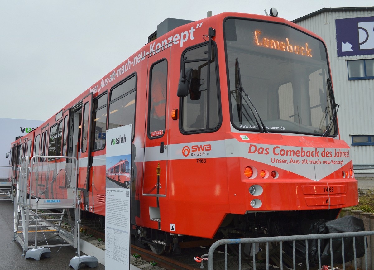 Die Fa. Vossloh Kiepe GmbH pr�sentiert die v�llig modernisierte Tram (Stadtbahn-Gelenktriebwagen) vom Typ B 80 C der Stadtweke Bonn (SWB) auf der Inno Trans Berlin, 26.09.14