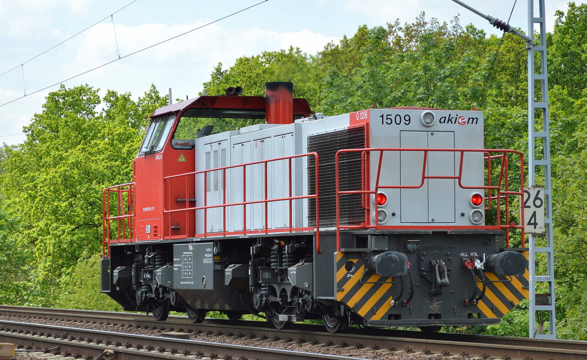 Die französiche akiem Mietlok 1509 (92 87 0061 701-4 F-VC), eine MaK G 1206 schon seit längerem für die Berliner IGB im Einsatz am 22.05.17 Berlin-Wuhlheide.