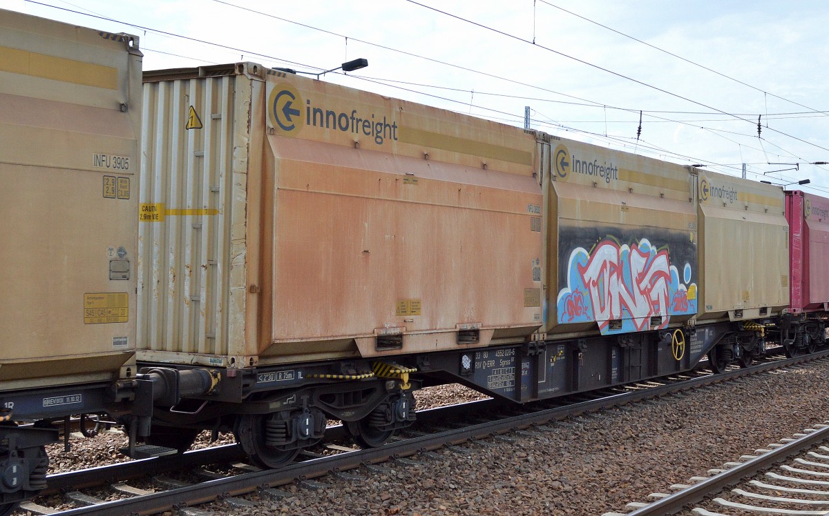 Die Innofreight Logistics GmbH aus Östereich vermietet seit Jahren europaweit ihre Spezialcontainer (WoodTainer System) für die Holz- und Papierindustrie z. Bsp zum Transport Holzhack oder Sägespänen u.a.hier ein Ganzzug am 08.04.14 Bhf. Flughafen Berlin-Schönefeld.