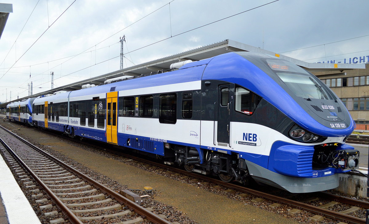 Die NEB abfahrbereit mit zwei Triebzügen von ihrer PESA Link Flotte als RB26 im Moment nur bis Seelow-Gusow (bis Polen geht es dann im Bus-Ersatzverkehr). Es handelt sich um 632 024 + 632 026 am 05.08.16 Bf. Berlin-Lichtenberg.