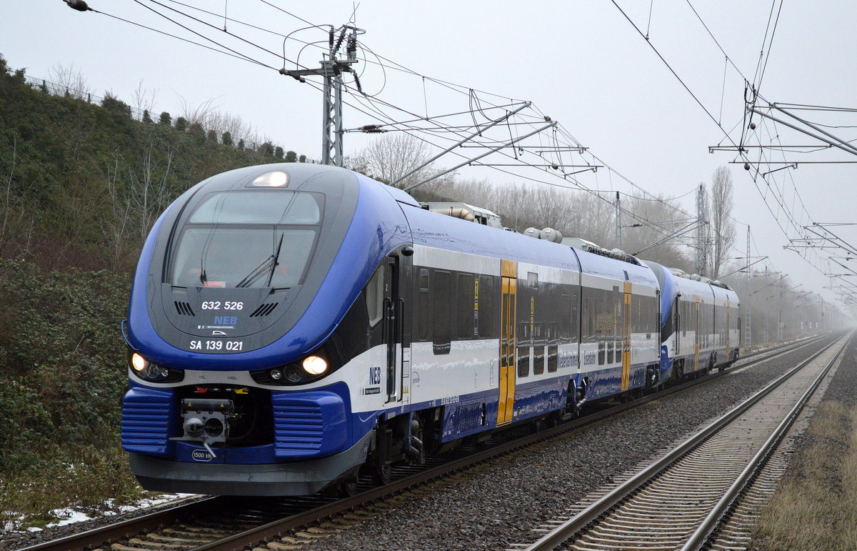 Die NEB fährt zur Bereitstellung der beiden Triebzüge zum Bhf. Berlin-Lichtenberg, es handelt sich um 632 526/SA 139 021 + 632 021/SA 139 016 am 24.01.17 Durchfahrt Bf. Berlin-Hohenschönhausen. 