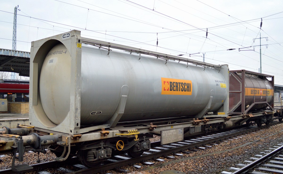 Dieser schon etwas ältere Wechselbehälter(Container-)Tragwagen der schweizer HUPAC trägt die Nr. 33 RIV 85 CH-HUPAC 457 5 874-4 Sgnss, 18.02.16 Bhf. Flughafen Berlin-Schönefeld.