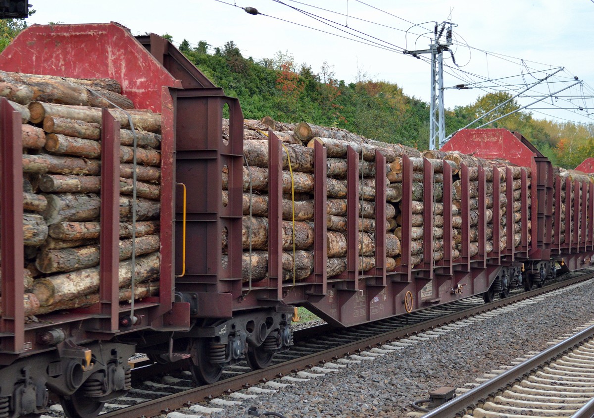 Drehgestell-Flachwagen mit stabilen hohen Rungen vom Typ Sps der Rennsteigbahn zum Transport von Stammholz am 10.10.14 Berlin-Hohenschönhausen.