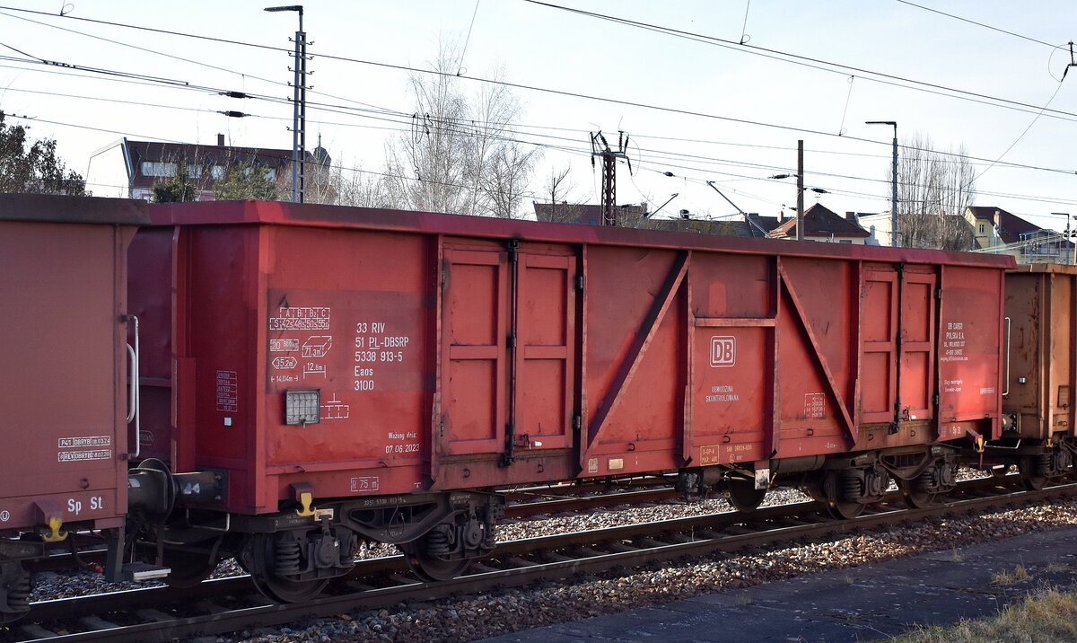 Drehgestell-Hochbordwagen von DB Cargo Polska S.A., Zabrze mit der Nr. 33 RIV 51 PL-DBSRP 5338 913-5 Eaos in einem Ganzzug am 04.03.25 Höhe Bahnhof Frankfurt (Oder).