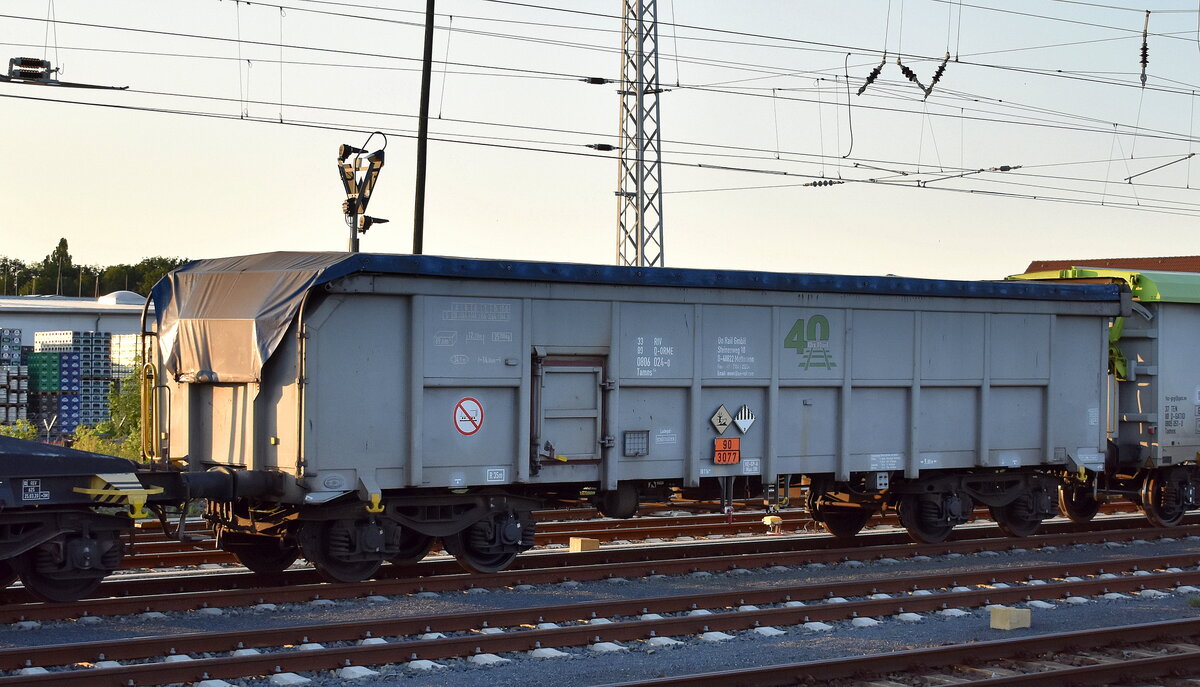 Drehgestell-Hochbordwagen mit öffnungsfähigem Rolldach und Seitenwandtür vom Einsteller On Rail GmbH mit der Nr. 33 RIV 80 D-ORME 0806 024-0 Tamns 154 lt- UN-Nr.: 90/3077 beladen mit einem Umweltgefährdender Stoff, fest, N.A.G. in einem gemischten Güterzug am 19.06.25 Höhe Bahnhof Senftenberg.
