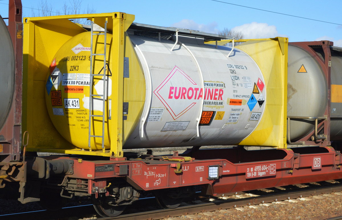Ein 20ér Tankcontainer der französischen Fa. Eurotainer SA (UN.Nr.:  X338/1295 = 	Trichlorsilan) am 01.02.18 Bf. Flughafen Berlin-Schönefeld.