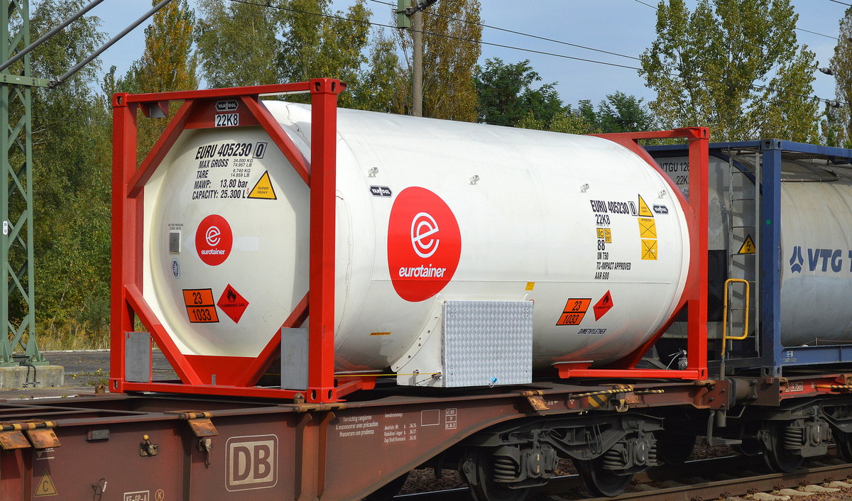 Ein 20’ Standard Tankcontainer von eurotainer im neuen Design (UN-Nr. 23/1033 = Dimethylether) am 23.09.17 Bf. Flughafen Berlin-Schönefeld.