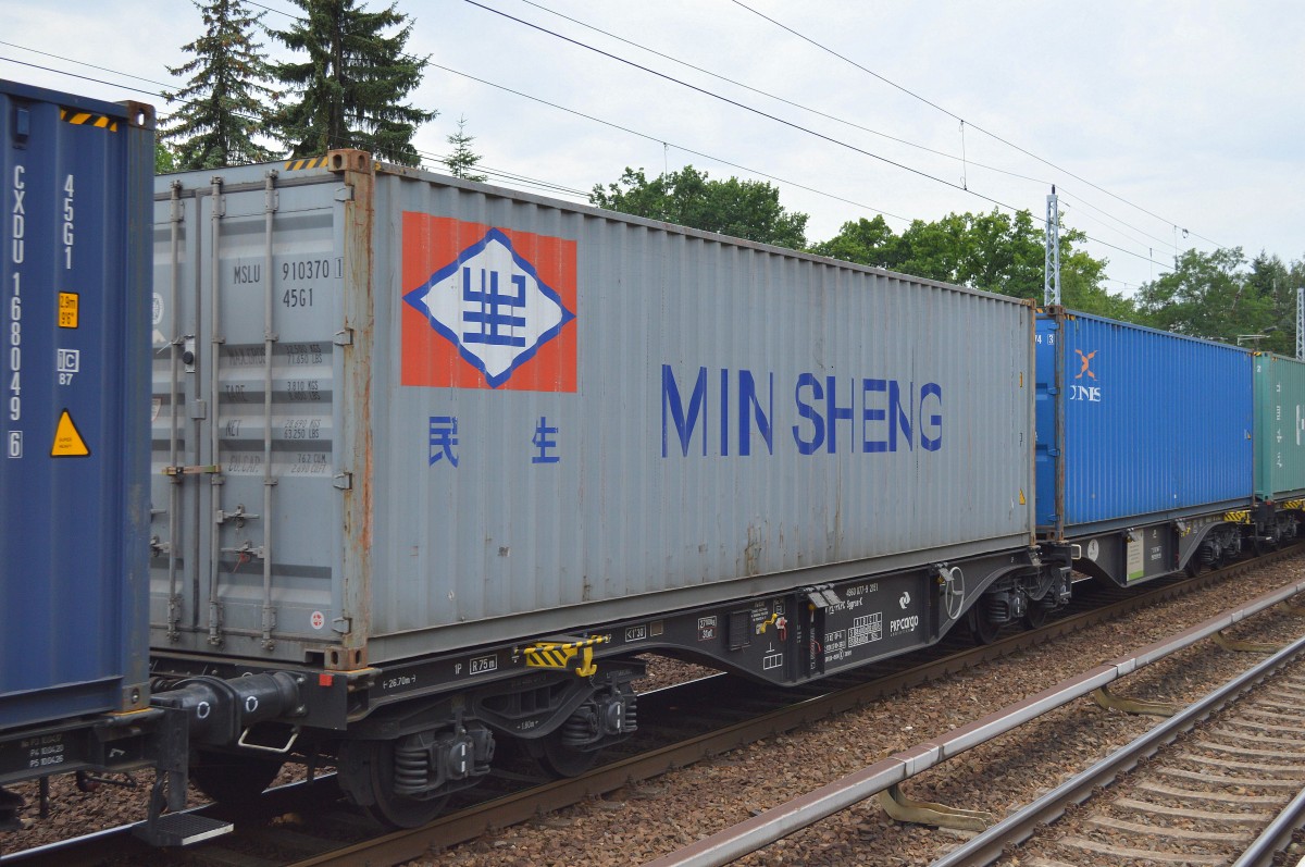 Ein Container der chinesischen MIN SHENG Group, bekannt vor allem für asiatische Lebensmittel und vielerlei andere Produkte, 17.07.15 Berlin Hirschgarten. 