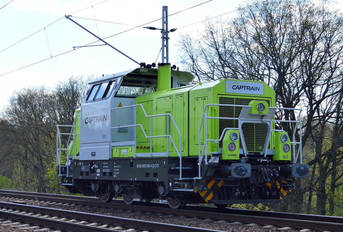 Eine kleine Überraschung, diese Vossloh G 6 von Captrain (98 80 0650 093-4 D-CTD) am Nachmittag im Berliner Raum, 02.05.16 Berlin-Wuhlheide.
