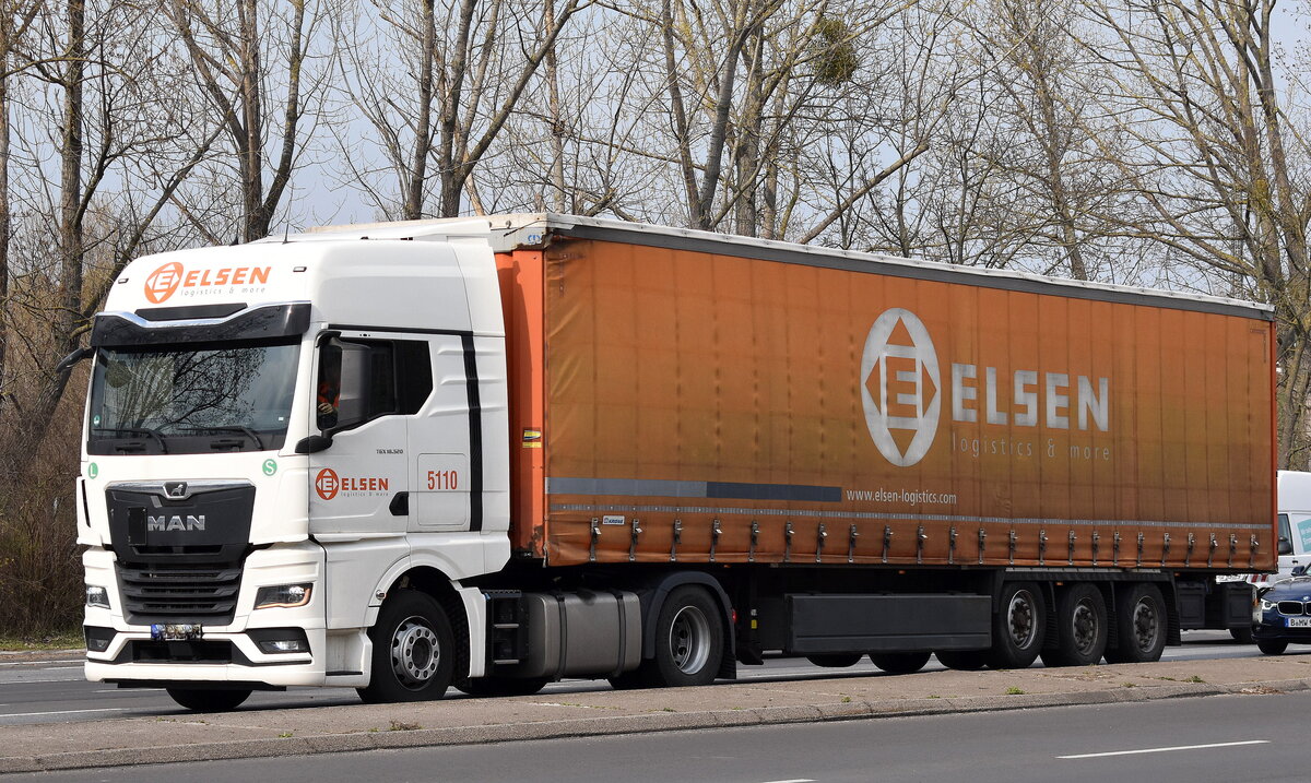 ELSEN Holding GmbH mit einem  Sattelzug mit MAN TGX 18.520 Zugmaschine am 25.03.25 Berlin Marzahn.