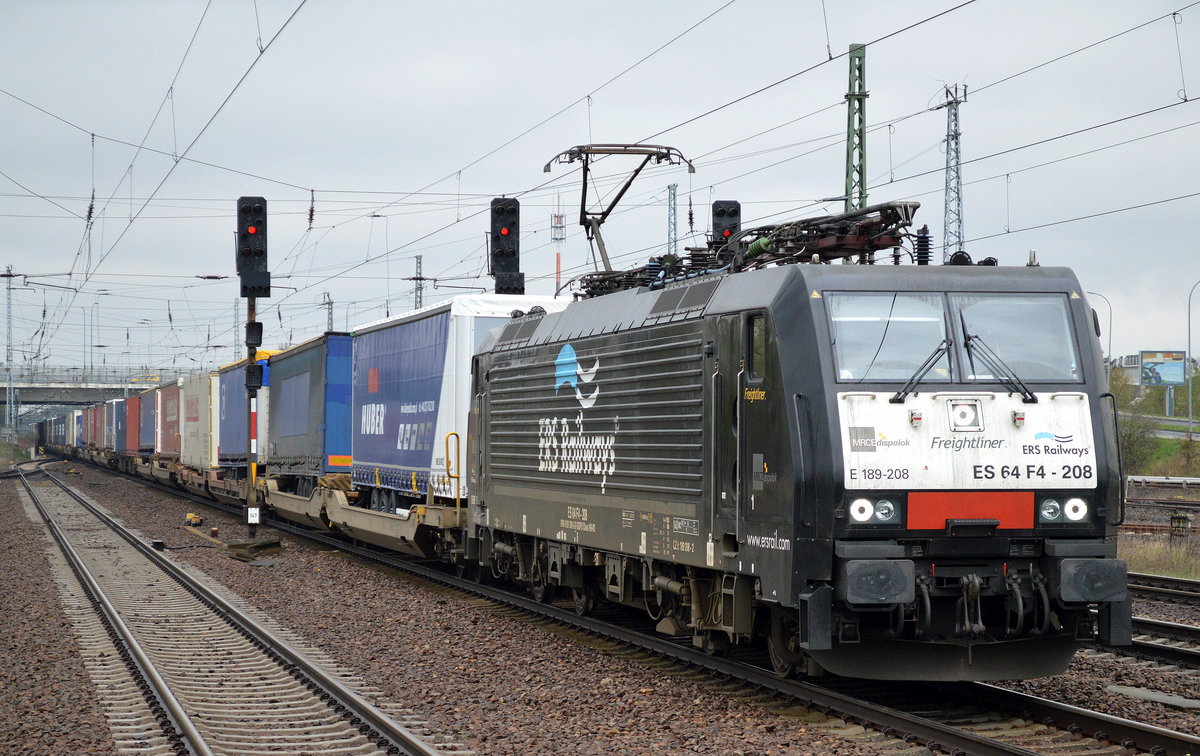 ERSR ES 64 F4-208 mit KLV-Zug am 14.04.16 Bf. Flughafen Berlin-Schönefeld.