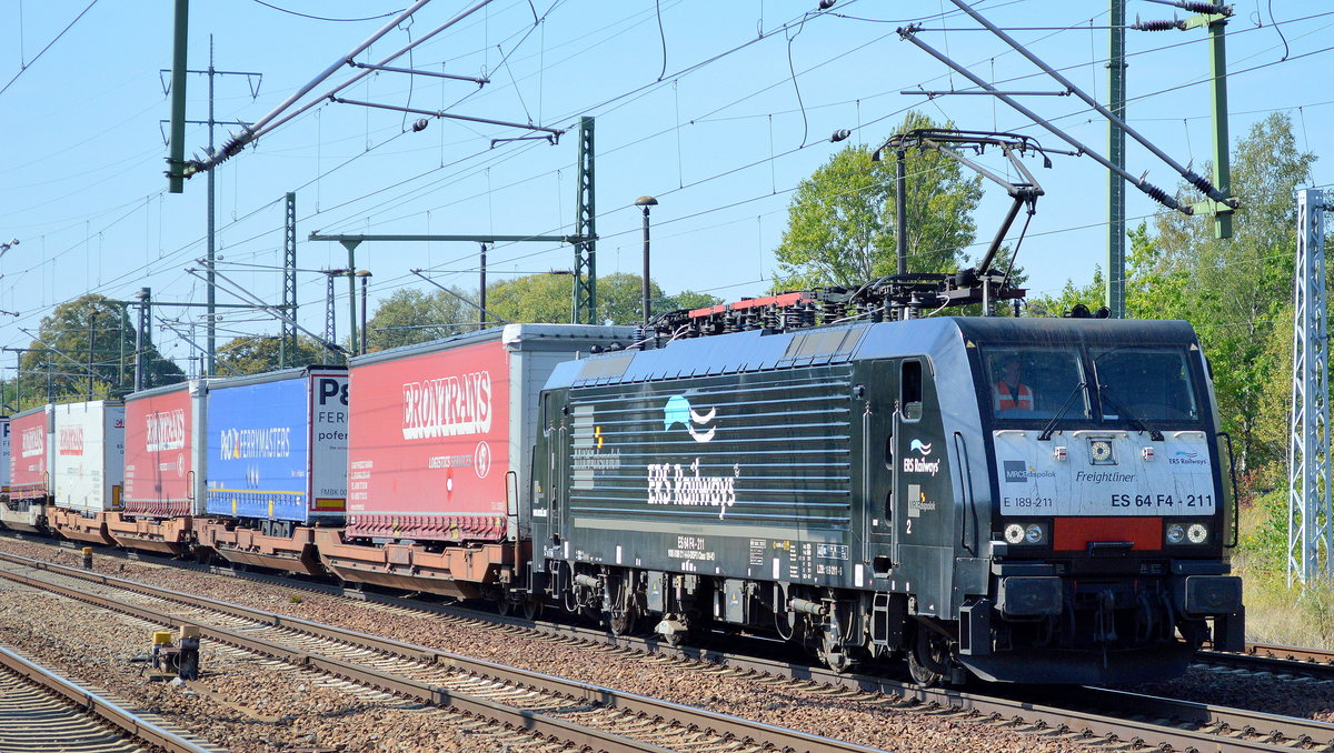 ERSR mit der MRCE Dispolok E 189-211 und KLV-Zug am 08.09.16 Bf. Fluaghafen Berlin-Schönefeld.