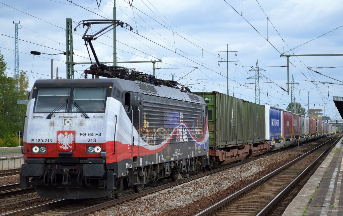ERSR Poznan Shuttle auf dem Rückweg nach Rotterdam mit MERCE Dispolok 189-213/ES 64 F4-213 am 09.09.14 Durchfahrt Bhf. Flughafen Berlin-Schönefeld.