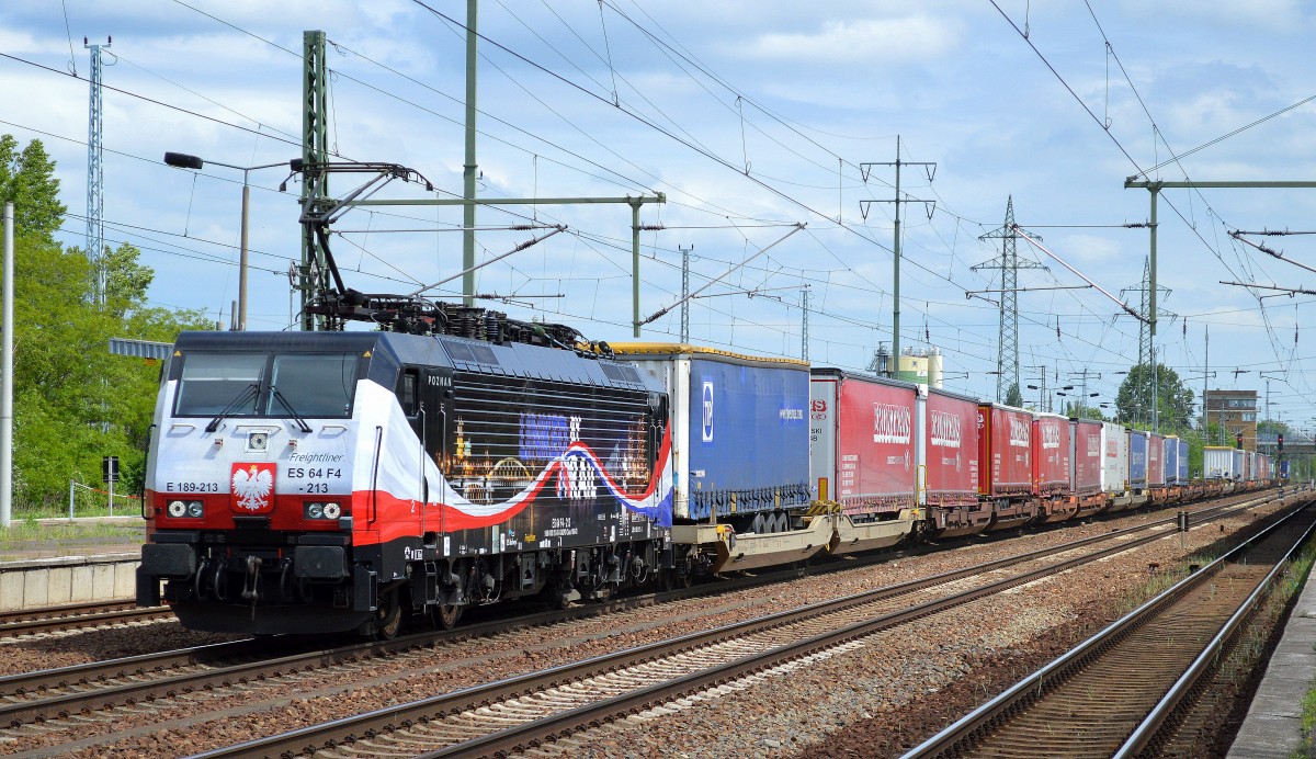 ERSR Poznan-Shuttle auf der Rückfahrt nach Rotterdam mit MRCE E 189-213 + KLV-Zug am 19-05-15 Durchfahrt Bhf. Flughafen Berlin-Schönefeld.