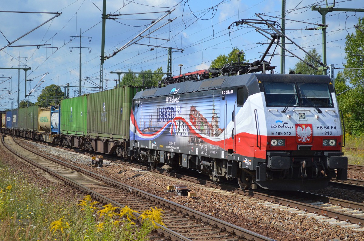 ERSR Poznan-Shuttle mit derselbigen Themenlok, der MRCE Dispolok E 189-212/ES 64 F4-212 mit KLV-Zug am 14.08.14 Bhf. Flughafen Berlin-Schönefeld.