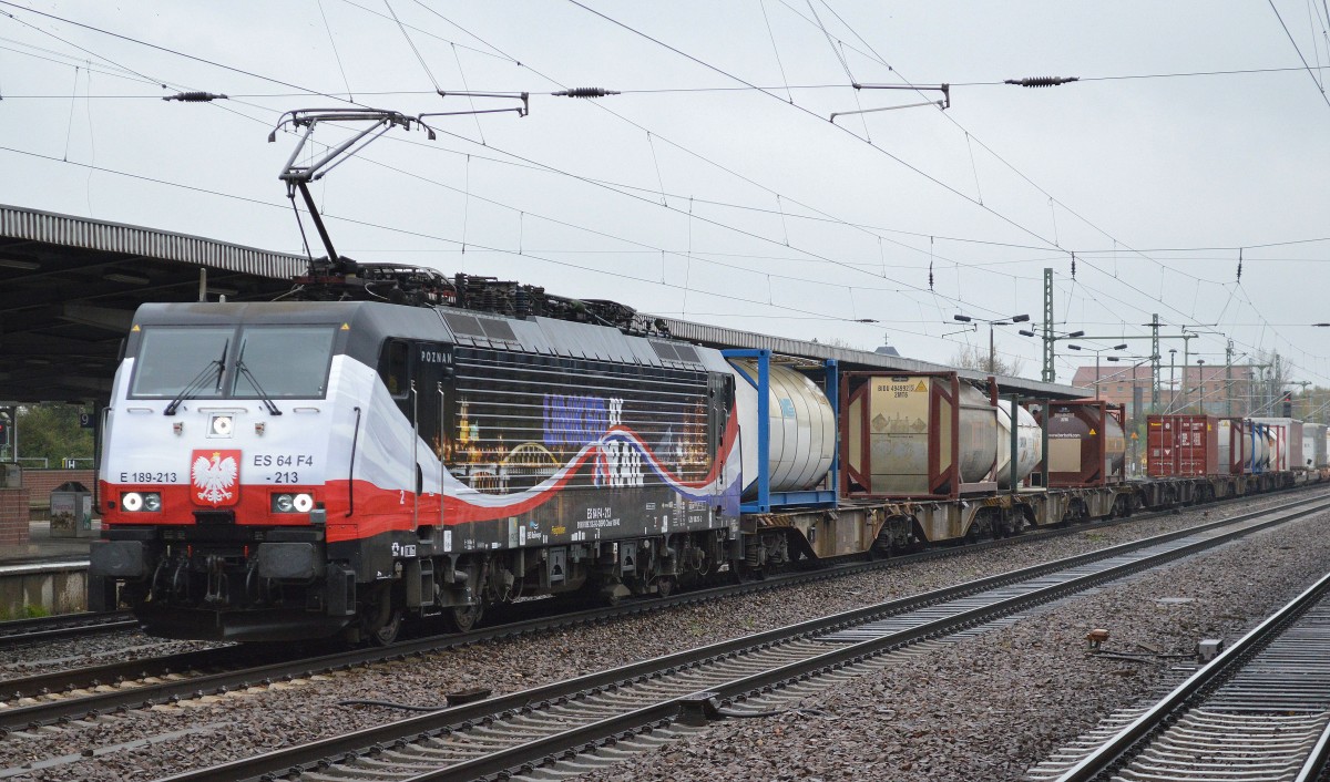 ERSR Poznan-Shuttle mit MRCE Dispolok 189 213/ES 64 F4-213 am 22.10.14 Durchfahrt Bhf. Flughafen Berlin-Schönefeld.