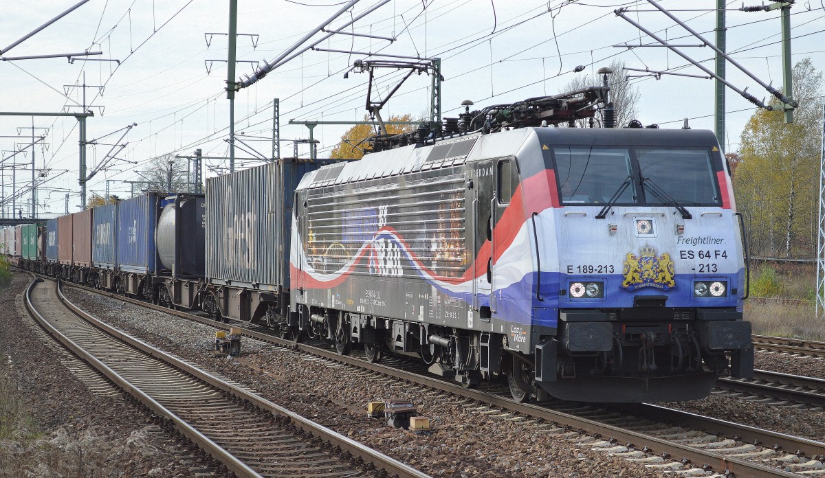 ERSR Poznan-Shuttle mit MRCE Dispolok 189-213/ES 64 F4-213 am 03.11.14 Durchfahrt Bhf. Flughafen Berlin-Schönefeld.