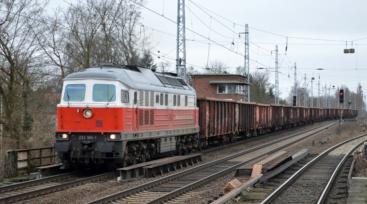 EWR 232 189-1 mit Ganzzug offener Güterwagen am 10.02.15 Berlin-Karow.