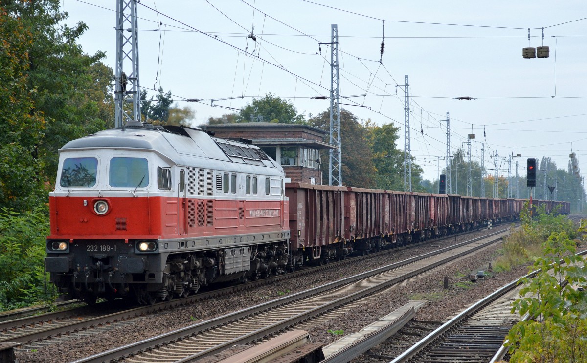 EWR Lok 232 189-1 mit Ganzzug offener Güterwagen Richtung Bernau am 07.10.14 Berlin-Karow.