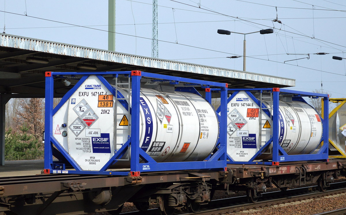 EXSIF Worldwide, Inc. mit zwei Tankcontainer (UN-Nr.46/1381 = Phosphor, weiß oder gelb, trocken, unter Wasser oder in Lösung) am 13.03.17 Bf. Flughafen Berlin-Schönefeld.