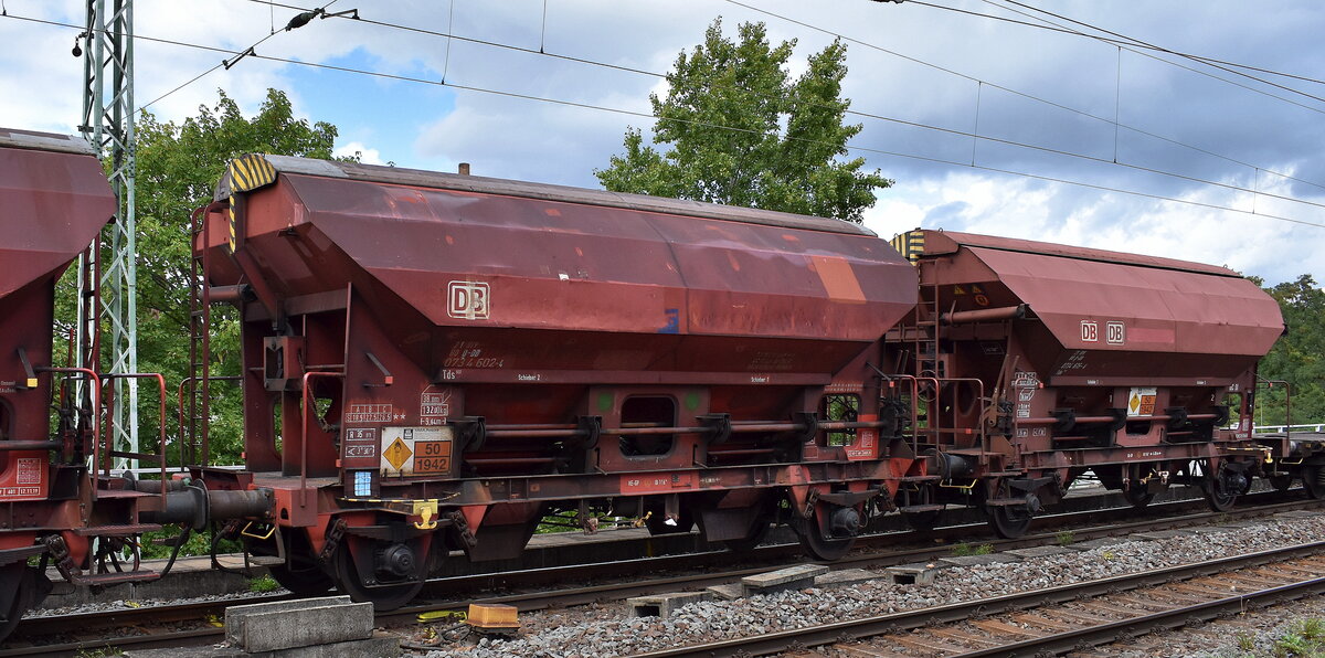 Gedeckte Schüttgutwagen mit dosierbarer Schwerkraftentladung und zwei Radsätzen der DB Cargo für die Fa. YARA Rostock, Zweigniederlassung der Yara GmbH & Co. KG im Einsatz, im Bild der Wagen mit der Nr. 21 RIV 80 D-DB 073 4 602-4 Tds 937 lt. UN-Nr.: 50/1942 für das Ladegut 	Ammoniumnitrat in einem gemischten Güterzug am 01.08.25 Höhe Bahnhof Magdeburg-Neustadt.