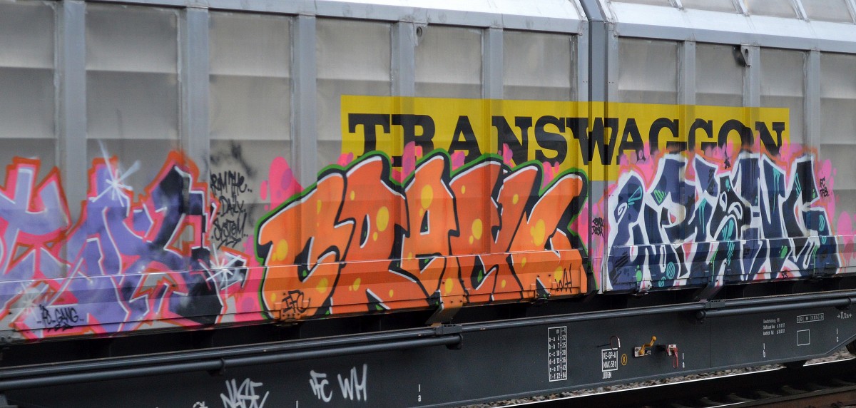 Graffiti an einem Schiebewandwagen am 02.03.15 Berlin-Blankenburg.