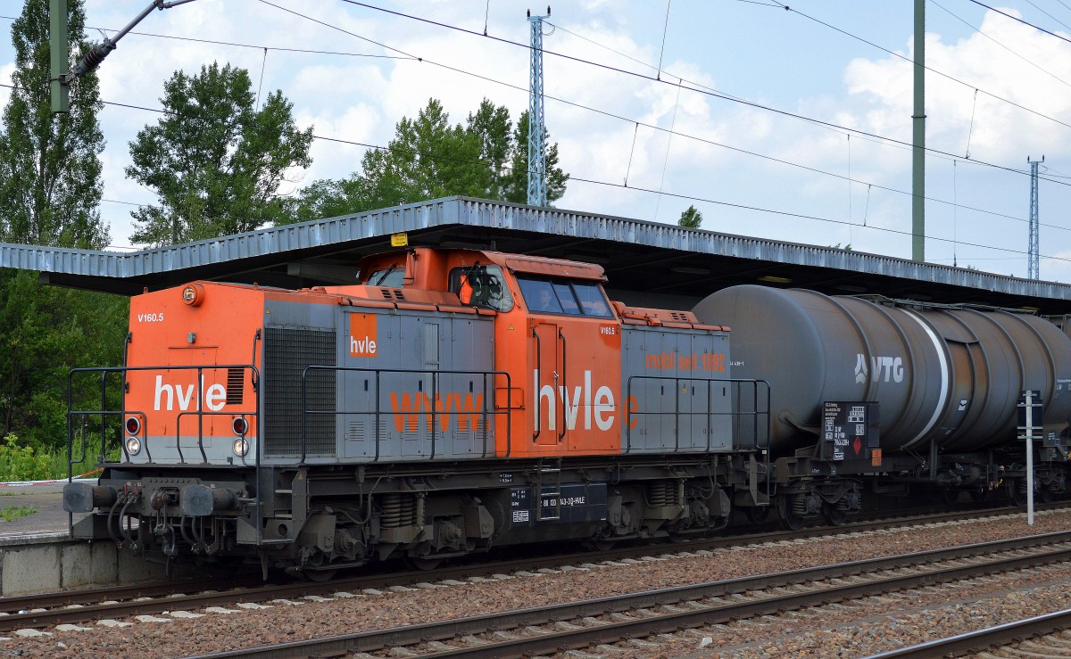 hvle V160.5 (203 143-3) mit Kesselwagenzug (Ethanol) am 16.07.15 Bhf. Flughafen Berlin-Schönefeld.