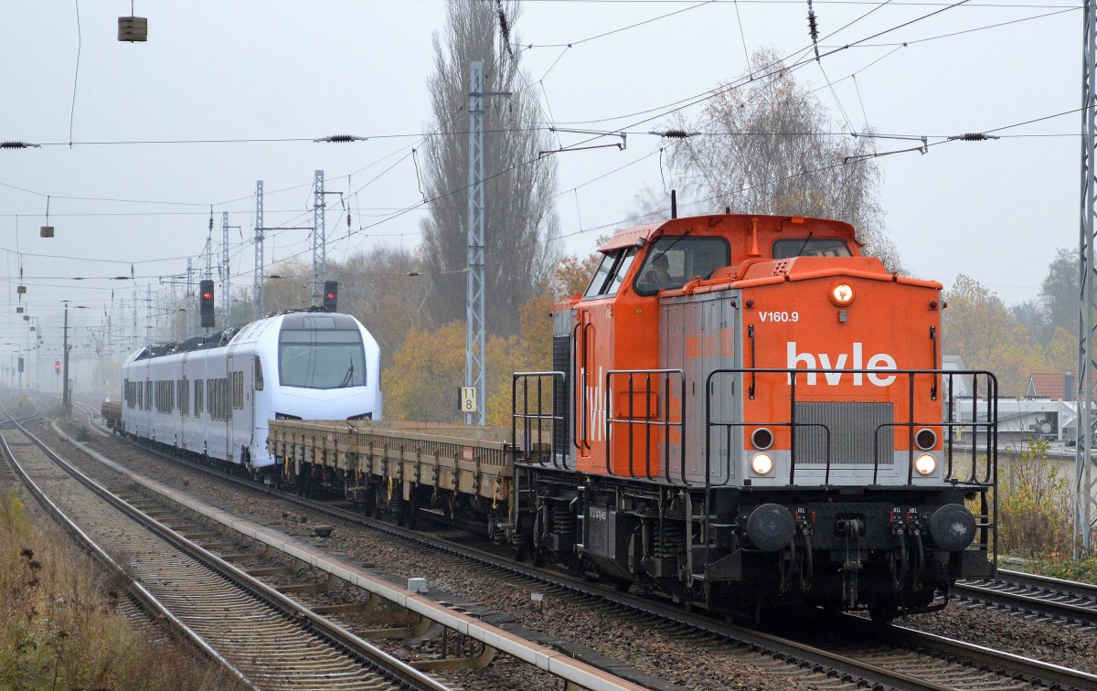 hvle V160.9 (203 141-7) kommt vom Gelände des Stadler-Werks in Berlin-Pankow wiederum mit einem neuen FLIRT für die DB Regio Region Südwest Trier, dem Triebzug 429 622-4 Richtung Karower Kreuz Berlin, 12.11.14 