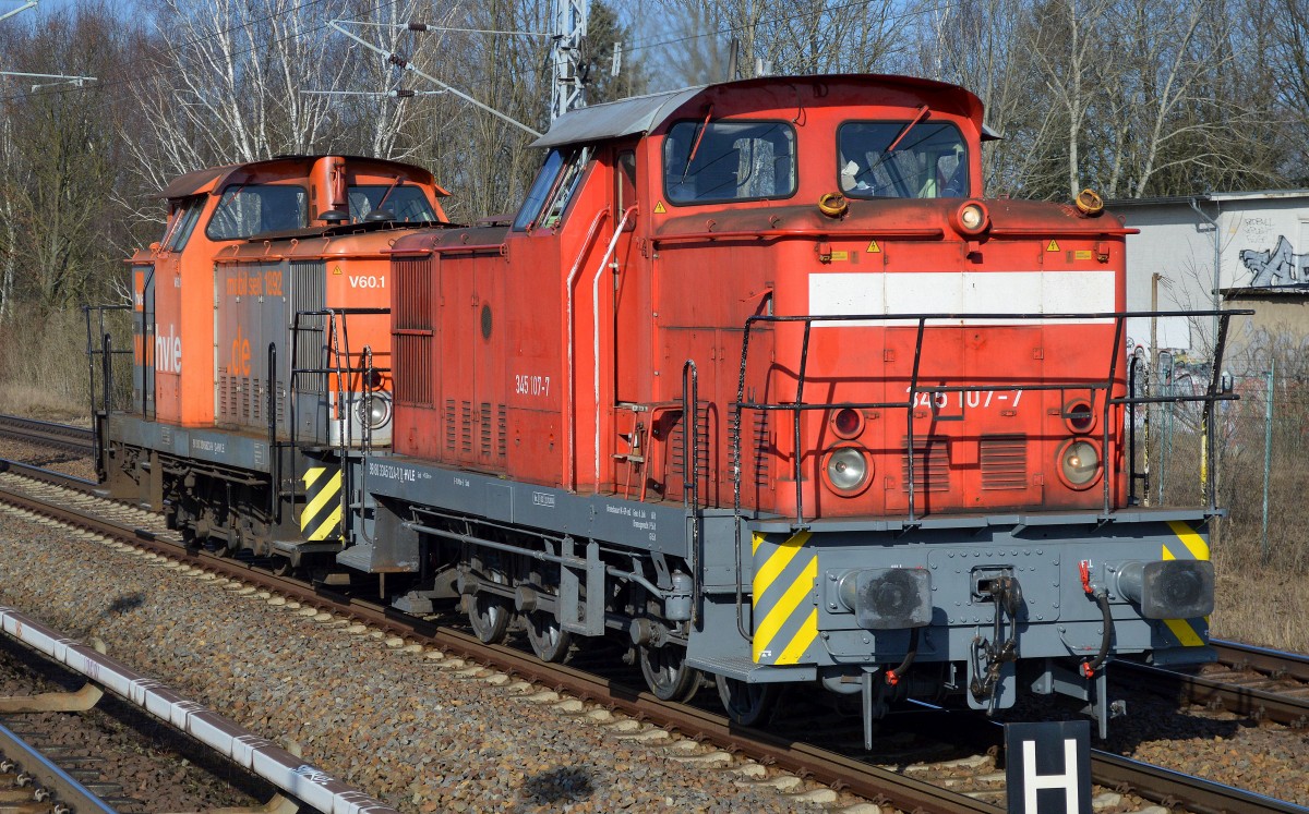 Interessantes Doppelgespann heute Vormittag auf dem Berliner Außenring, hvle 345 107-7 (98 80 3345 224-0 D-HVLE, LEW Bj.1980) + hvle V60.1 (98 80 3345 823-9 D-HVLE, LEW Bj.1972) Richtung Karower Kreuz Berlin, 24.02.15 Mühlenbeck/Mönchmühle b.Berlin.