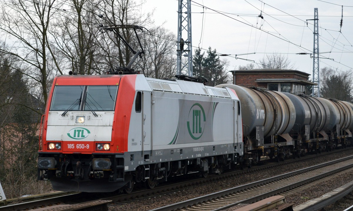 ITL 185 650-9 mit einem Kesselwagenzug (leer) Richtung Schwedt am 23.02.15 Berlin-Karow.