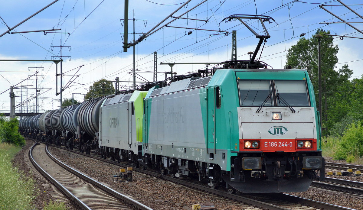 ITL mit E 186 244-0 (91 51 5270 004-2 PL-ITL) mit 185 580-0 und Kesselwagenzug am Haken am 29.06.16 Bf. Flughafen Berlin-Schönefeld.