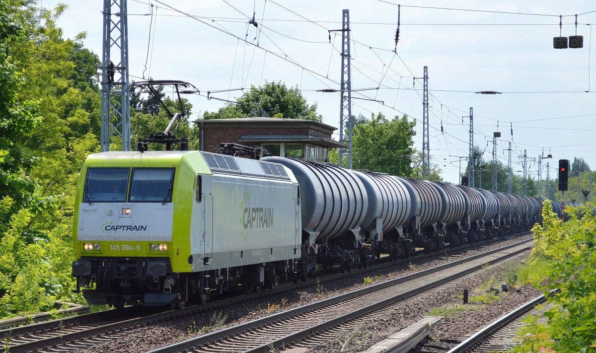 ITL/Captrain 145 094-9 mit Leerzug Kesselwagen Richtung Stendell (Schwedt) am 22.05.15 Berlin-Karow.
