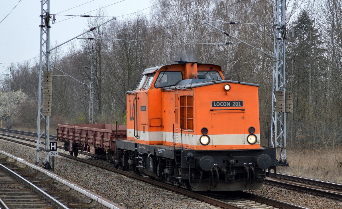 LOCON 201 (201 211-0) mit einem Dregestell-Flachwagen Richtung Berlin am 18.03.14 Mühlenbeck/Mönchmühle b.Berlin.