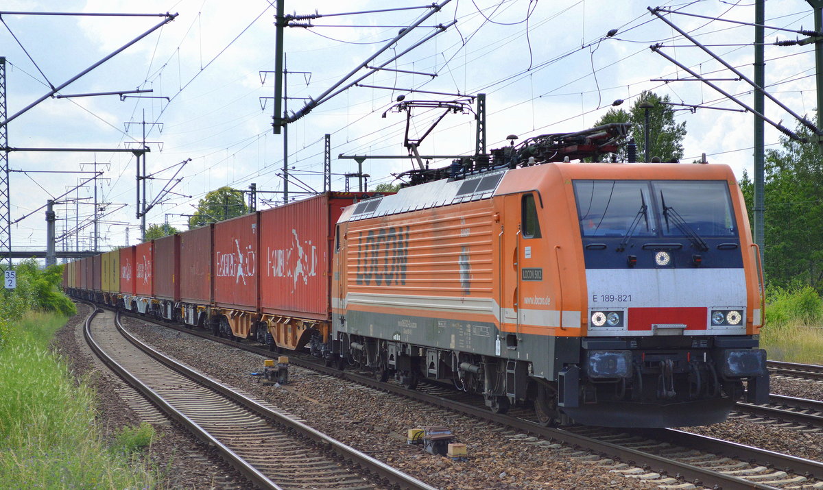 LOCON 502/E 189-821 mit Containerzug am 14.06.16 Bf. Flughafen Berlin-Schönefeld.