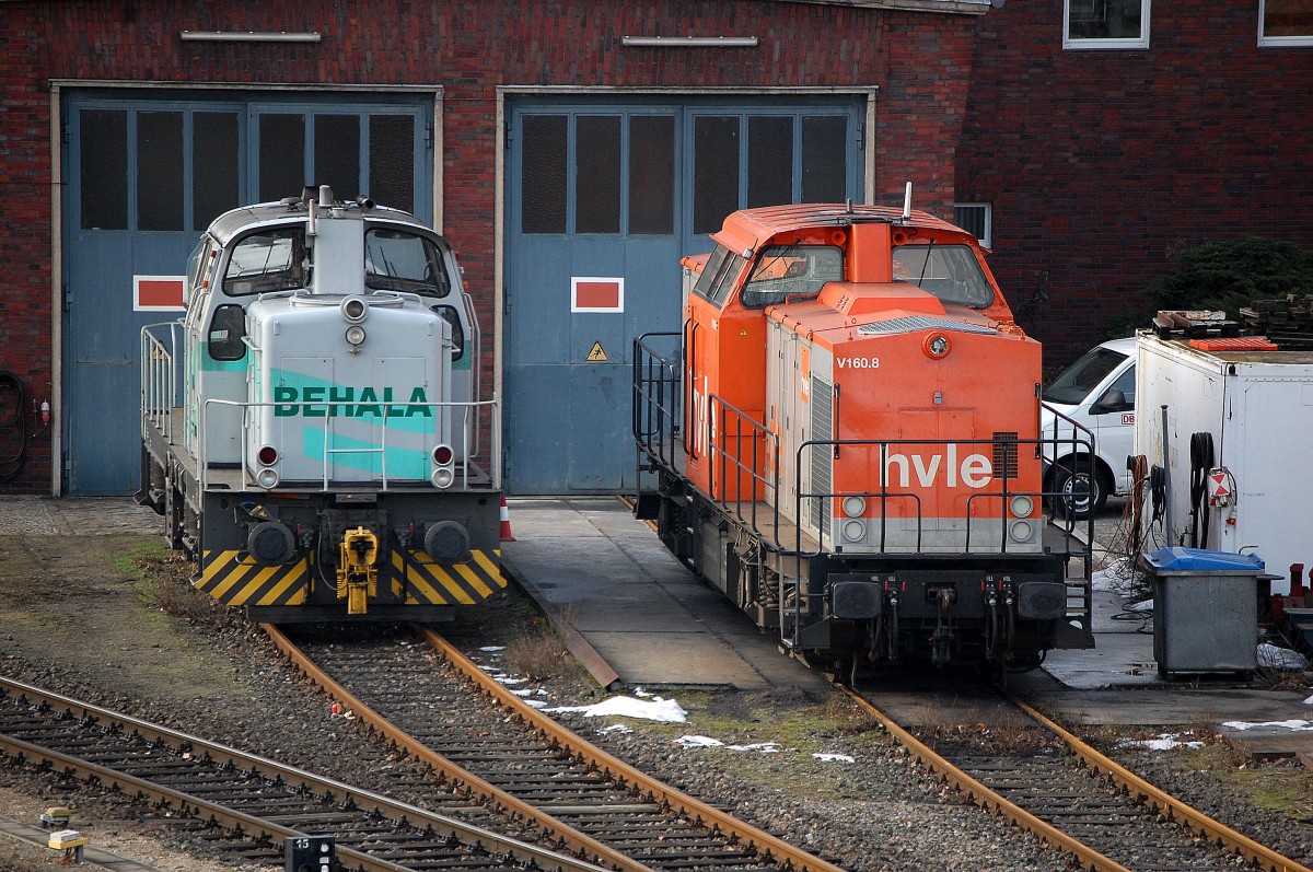 Lokschupper Berliner Westhafen, davor abgestellt BEHALA Lok 10 + hvle V160.8 (203 616-8) am 03.02.14 Berlin Putlitzbr�cke.