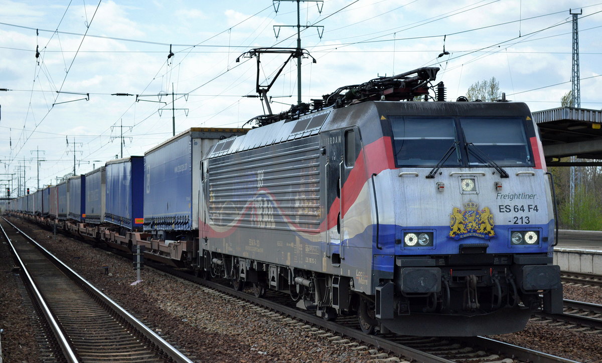LTE Netherland mit MRCE Dispo ES 64 F4-213 und KLV-Zug am 24.04.17 BF. Flughafen Berlin-Schönefeld. 