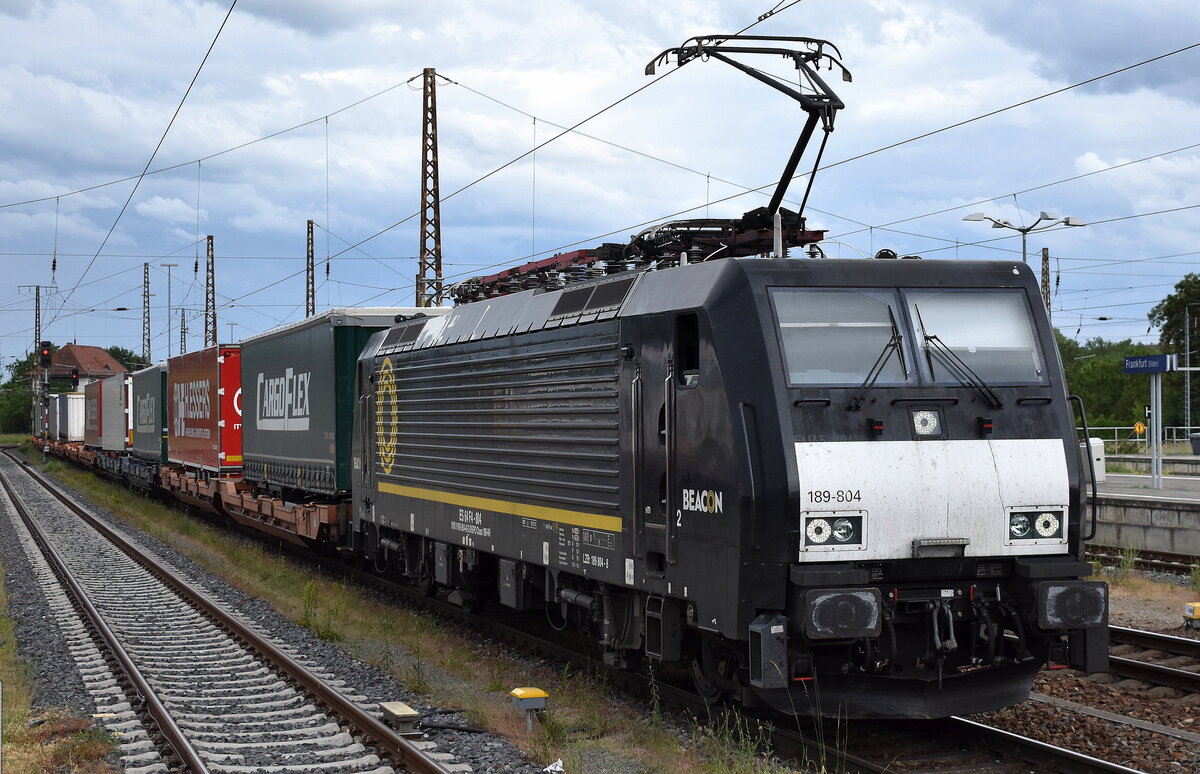 LTG Cargo Polska Sp. z o.o., Warszawa [PL] mit der geleasten BRCE Lok  189-804  [NVR-Nummer: 91 80 6189 804-8 D-DISPO] und einem KLV-Zug aus Polen kommend am 04.06.25 Höhe Bahnhof Frankfurt/Oder.