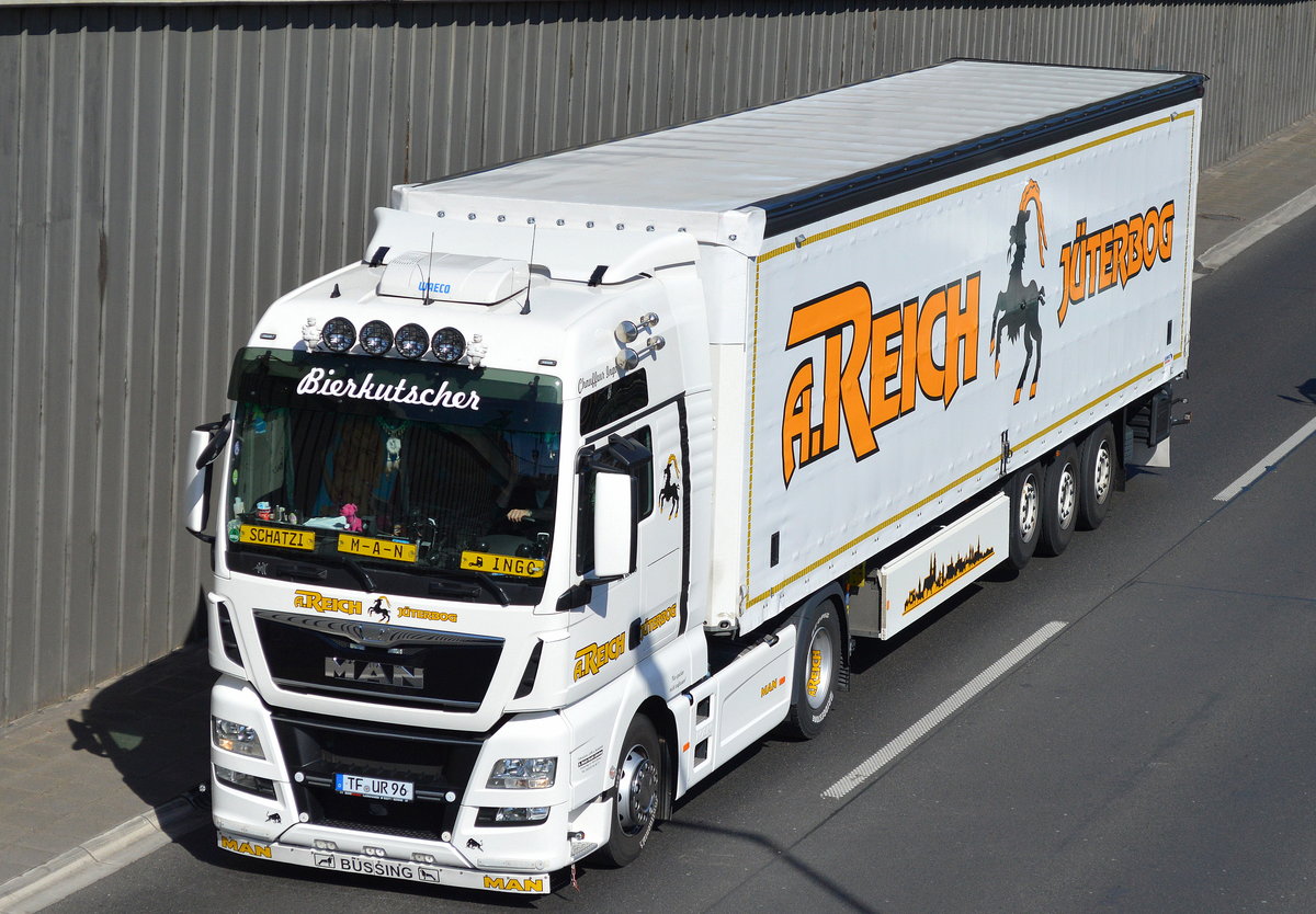 MAN TGX 18.440 Zugmaschine  BIERKUTSCHER  mit Trailer von A. REICH JÜTERBOG am 21.04.16 Berliner Stadtautobahn Höhe Knobelsdorffstr.