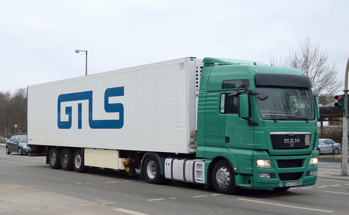 MAN TGX 18.440 Zugmaschine mit Kühlthermo-Trailer (Sped. GTLS) am 07.02.17 Berlin-Marzahn.