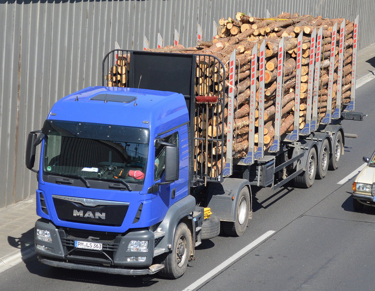MAN Zugmaschine mit Trailer für Stammholz-Transporte am 21.04.16 Berliner Stadtautobahn Höhe Knobelsdorffstr.  