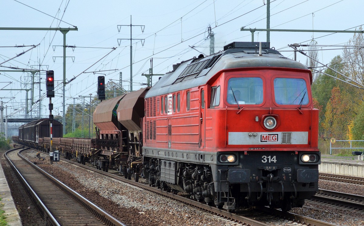 MEG 314 (232 239-4) mit einem gemischten Güterzug ziemlich alter DB Güterwagen am 09.10.14 Bhf. Flughagen Berlin-Schönefeld.