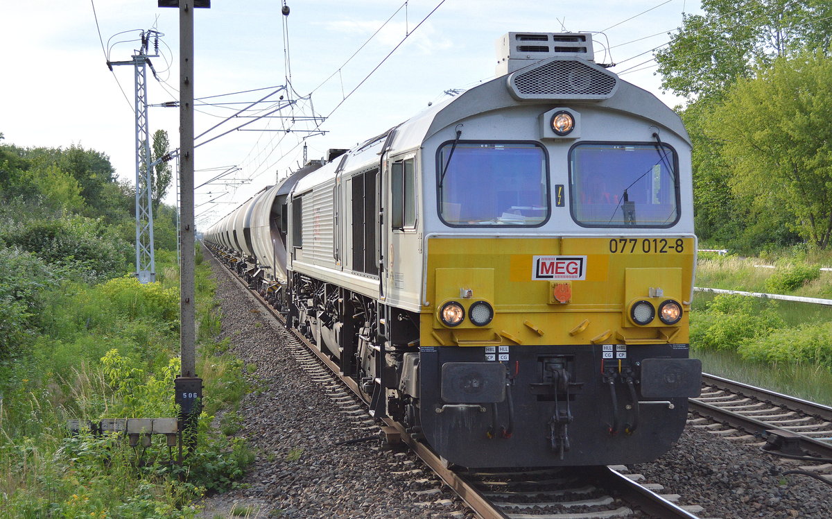 MEG mit ihrer ECR 077 012-8 und Zementstaubzug (leer) direkt nach Rüdersdorf (Zementwerk) am 21.06.17 Berlin-Hohenschönhausen.