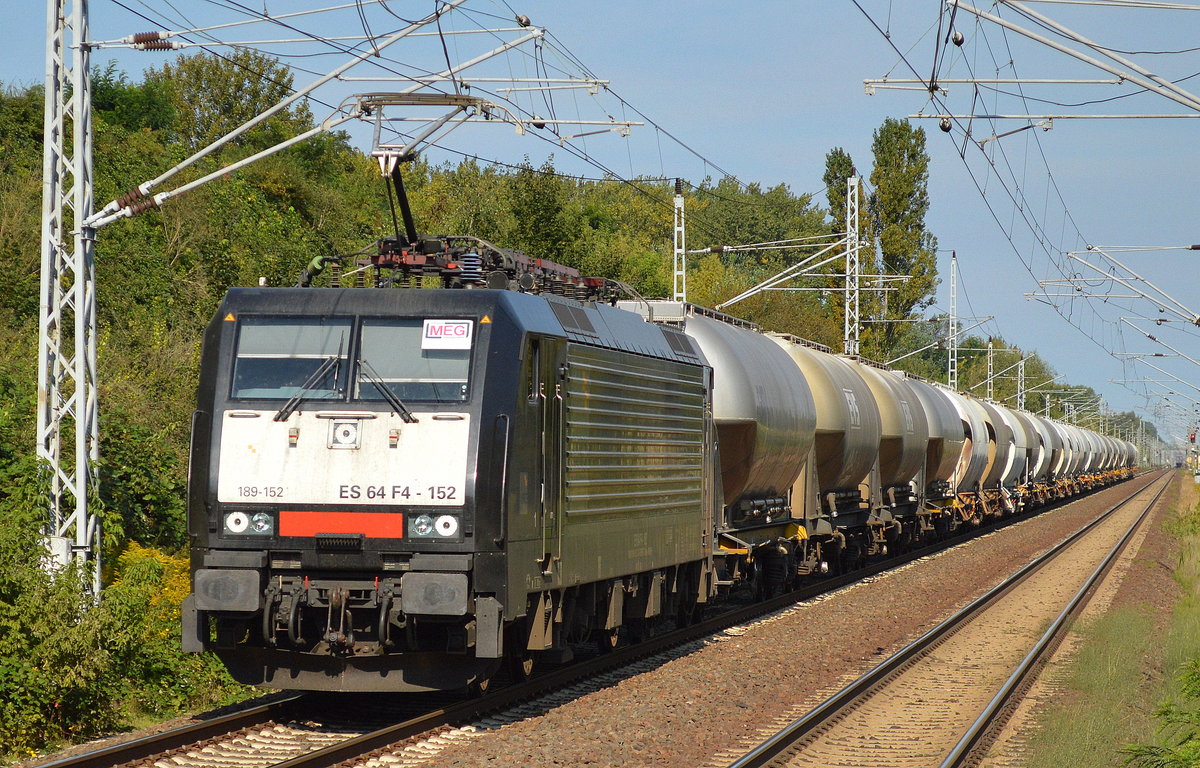 MEG mit der MRCE Dispo ES 64 F4-152 [NVR-Number: 91 80 6189 152-2 D-DISPO, Siemens Bj2009] und dem täglichen Zementstaubzug (leer) Richtung Industrieübergabe Nordost am 05.09.17 Bf. Berlin Hohenschönhausen. 