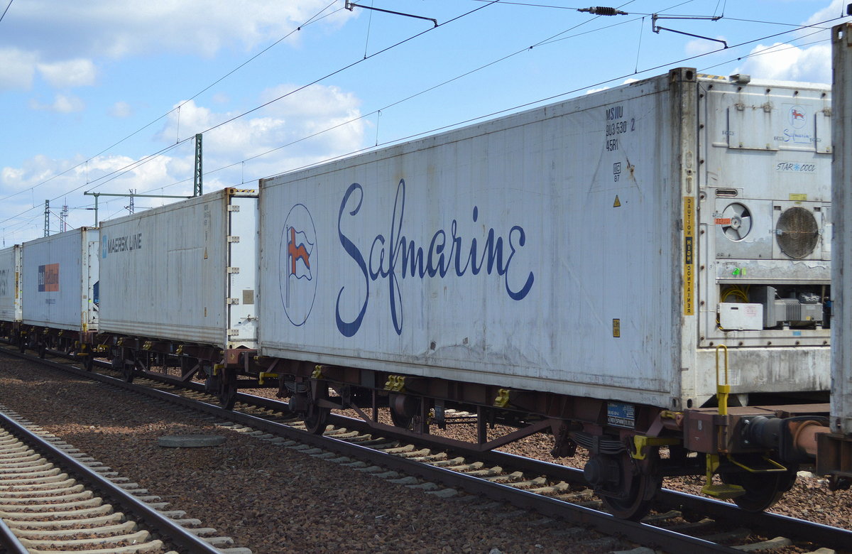 Mehrere 40’ Standard Kühlthermo-Container, im Bild ein Container der Reederei Safmarine Container Lines N.V. mit Hauptsitz in Antwerpen (Belgien) am 20.04.17 Bf. Flughafen Berlin Schönefeld.