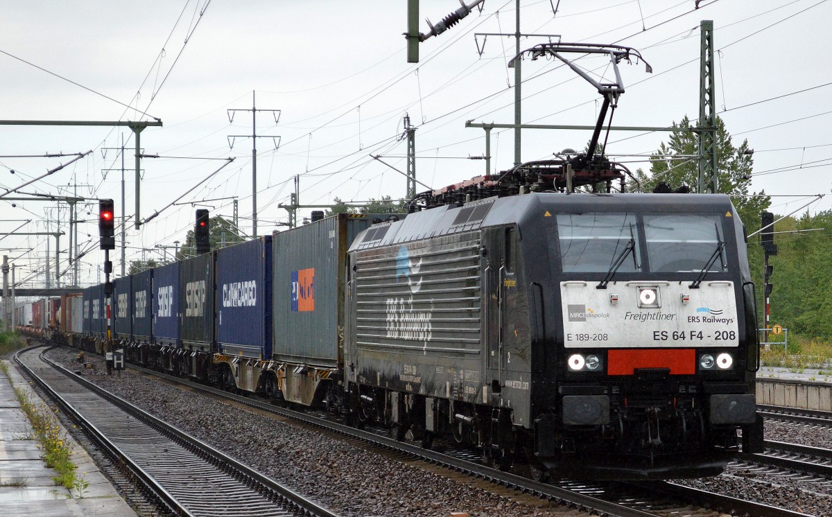 MRCE Dispolok E 189-208/ES 64 F4-208 von ERSR mit dem Poznan Shuttle Richtung Polen am 12.08.14 Bhf. Flughafen Berlin-Sch�nefeld bei starkem Regenfall.
