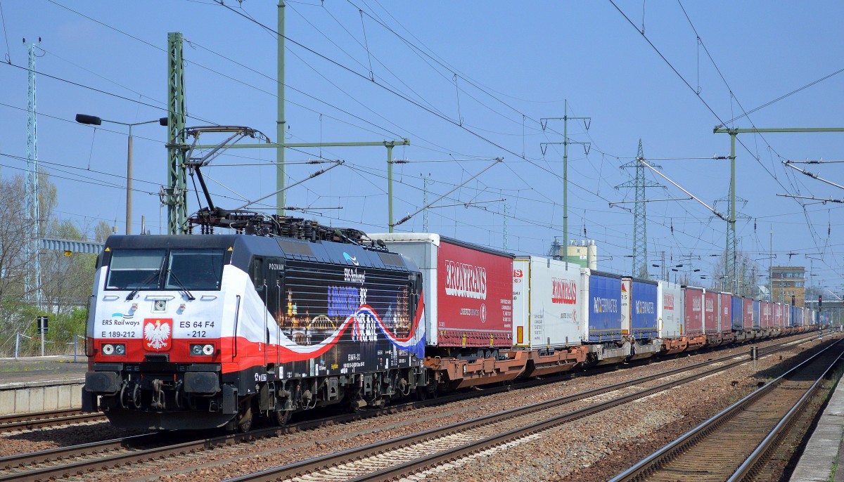 MRCE Dispolok E 189-212 für ERSR mit dem Poznan-Shuttle auf dem Rückweg anch Rotterdam am 24.04.15 Durchfahrt Bhf. Flughafen Berlin-Schönefeld.