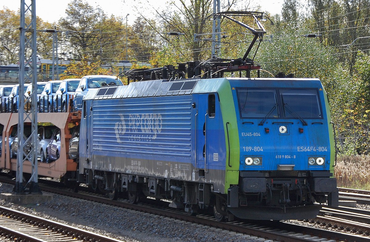 MRCE Dispolok der PKP Cargo ES6F4-804/EU45-804 mit PKW-Transportzug Richtung Nordosten am 29.10.13 Berlin-Springpfuhl.