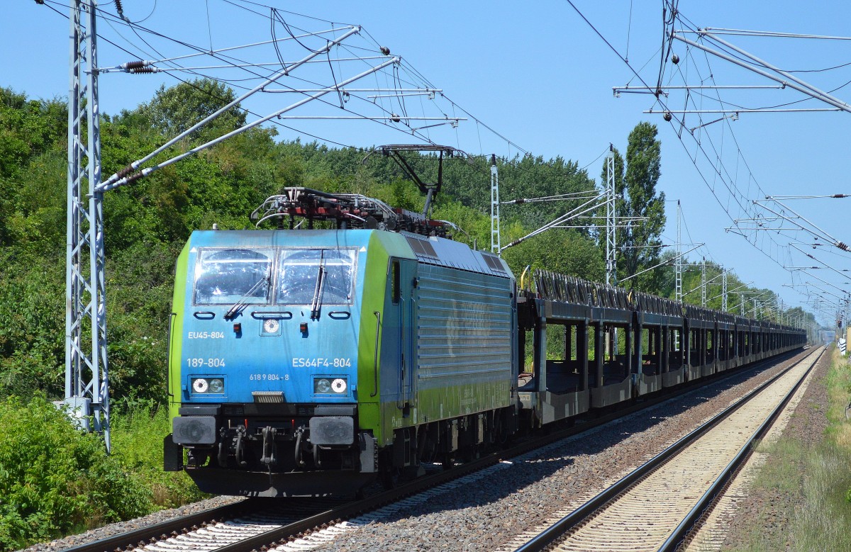 MRCE Dispolok der PKP-Cargo EU45-804/ES64F4-804 mit Leerzug PKW-Transportwagen Richtung Süden Durchfahrt Bhf. Berlin-Hohenschönhausen am 04.07.14